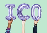 Hands holding ICO word in balloon letters