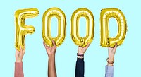 Hands holding food word in balloon letters