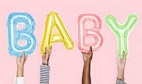 Hands showing baby balloons word