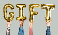 Hands showing gift balloons word