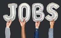 Hands showing jobs balloons word