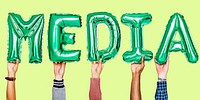 Green alphabet helium balloons forming the text media<br />
