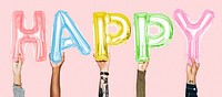 Hands showing happy balloons word