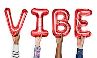 Red alphabet balloons forming the word vibe