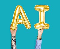 Golden balloon letters forming the word AI