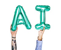 Green balloon letters forming the word AI