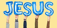 Hands holding Jesus word in balloon letters