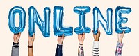 Hands showing online balloons word