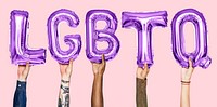 Purple alphabet balloons forming the word LGBTQ