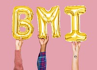 Hands holding BMI word in balloon letters