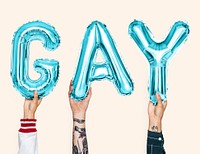 Blue alphabet balloons forming the word gay