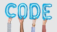 Hands holding code word in balloon letters