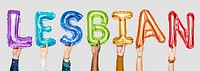 Rainbow alphabet balloons forming the word lesbian