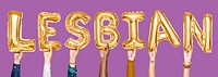 Yellow gold alphabet balloons forming the word lesbian
