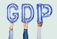Hands holding GDP word in balloon letters