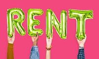 Green alphabet balloons forming the word rent