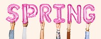 Hands holding balloons spelling the word Spring