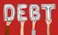 Gray balloon letters forming the word debt<br />
