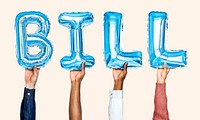 Blue balloon letters forming the word bill<br />