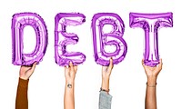 Purple balloon letters forming the word debt<br />