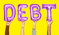 Purple balloon letters forming the word debt