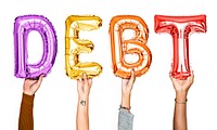 Colorful balloon letters forming the word debt<br />