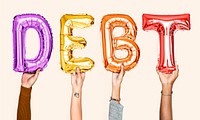 Colorful balloon letters forming the word debt<br />