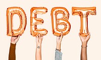 Orange balloon letters forming the word debt<br />