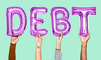 Purple balloon letters forming the word debt<br />