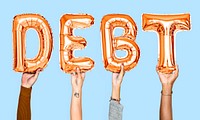 Orange balloon letters forming the word debt<br />