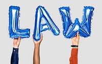 Blue balloon letters forming the word law