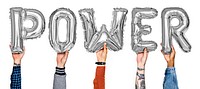 Gray balloon letters forming the word power<br />