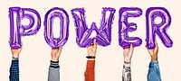 Purple balloon letters forming the word power<br />