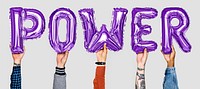 Purple balloon letters forming the word power