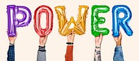 Colorful balloon letters forming the word power<br />