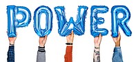 Blue balloon letters forming the word power<br />