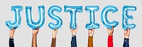 Blue balloon letters forming the word justice