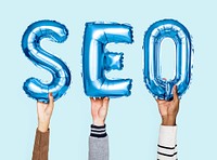 Blue balloon letters forming the word SEO<br />