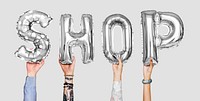 Silver gray alphabet balloons forming the word shop