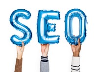 Blue balloon letters forming the word SEO