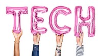 Pink balloon letters forming the word tech<br />