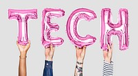 Pink balloon letters forming the word tech<br />