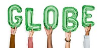 Hands showing globe balloons word