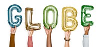 Hands showing globe balloons word