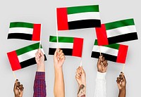 Hands waving flags of the United Arab Emirates