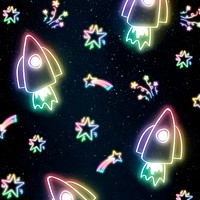 Psd neon star spacecraft doodle pattern background