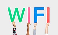 Hands holding up colorful letters forming the word wifi