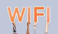 Hands holding up colorful letters forming the word wifi