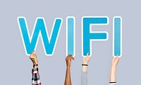 Hands holding up blue letters forming the word wifi