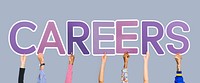 Hands holding up purple letters forming the word careers